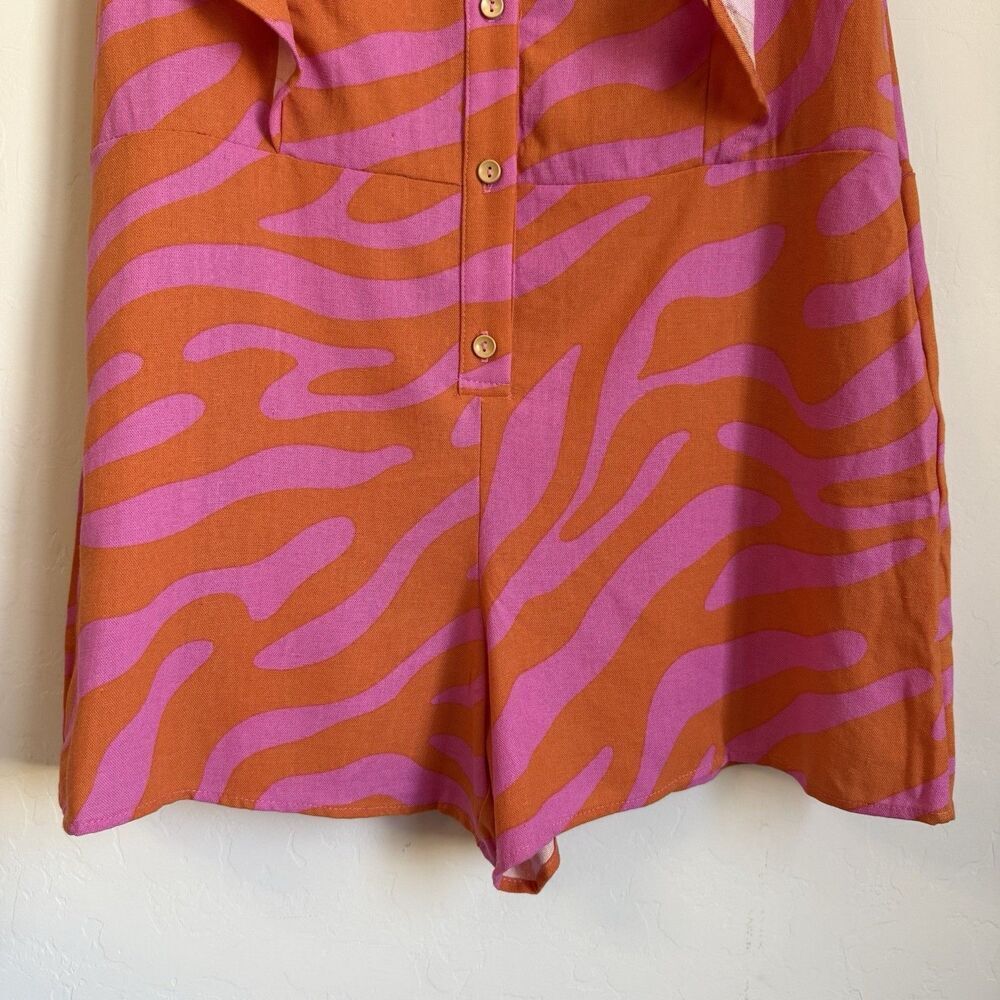 Hot Pink & Orange Zebra Animal Print Linen Blend Romper Artsy Resort Wear Medium - Picture 3 of 9